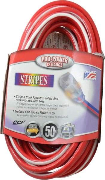 Southwire - 50', 12/3 Gauge/Conductors, Red/White Outdoor Extension Cord - 1 Receptacle, 15 Amps, 125 VAC, UL SJTW, NEMA 5-15P, 5-15R - A1 Tooling