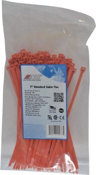 Made in USA - 7.562" Long Orange Nylon Standard Cable Tie - 50 Lb Tensile Strength, 1.32mm Thick, 2" Max Bundle Diam - A1 Tooling