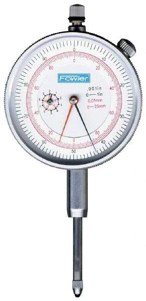 Fowler - 1" Range, 0-100, 0-200-0 Dial Reading, 0.001" Graduation Dial Drop Indicator - 2-1/4" Dial, 0.1" Range per Revolution, Revolution Counter - A1 Tooling