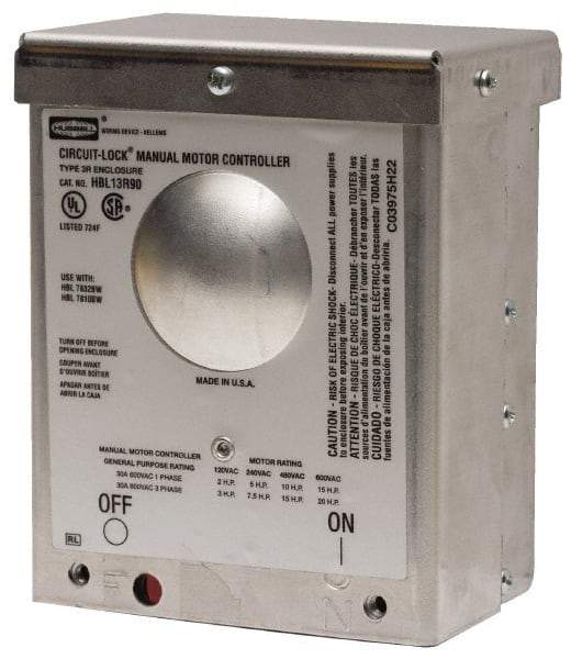 Hubbell Wiring Device-Kellems - 2 Poles, 60 Amp, NEMA, Enclosed Pushbutton Manual Motor Starter - 111.8mm Wide x 83.8mm Deep x 256.8mm High, 15 hp, CSA Certified, NEMA 3R & UL Listed - A1 Tooling