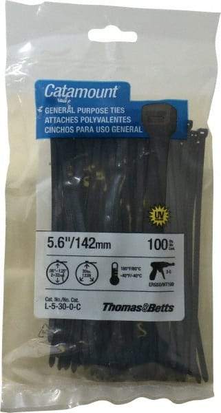 Thomas & Betts - 5.6" Long Black Nylon Standard Cable Tie - 30 Lb Tensile Strength, 1.21mm Thick, 1-1/4" Max Bundle Diam - A1 Tooling