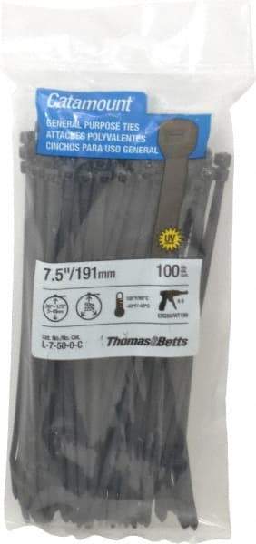 Thomas & Betts - 7-1/2" Long Black Nylon Standard Cable Tie - 50 Lb Tensile Strength, 1.35mm Thick, 5/8" Max Bundle Diam - A1 Tooling