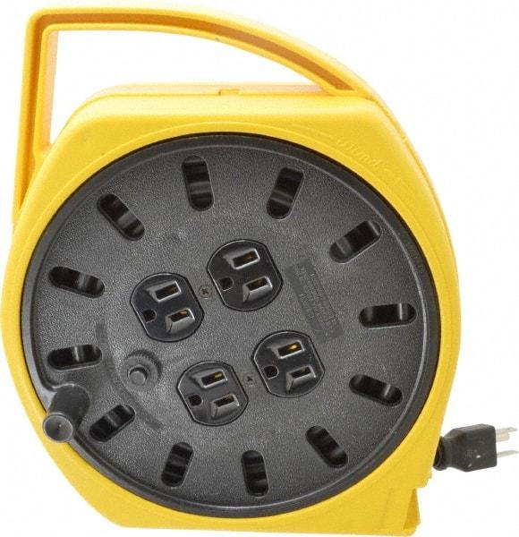 Conductix - 16 AWG, 25' Cable Length, Cord & Cable Reel with Outlet End - 4 Outlets, NEMA 5-15R, 10 Amps, SJT Cable, Yellow Reel - A1 Tooling