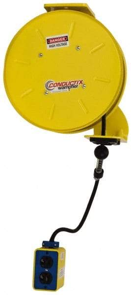 Conductix - 16 AWG, 25' Cable Length, Cord & Cable Reel with Outlet End - 3 Outlets, NEMA 5-15R, 10 Amps, 125 Volts, SOOW-A Cable, Yellow Reel, Spring Driven Reel - A1 Tooling