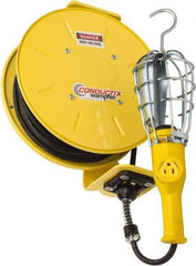 Conductix - 16 AWG, 25' Cable Length, Cord & Cable Reel with Incandescent Hand Lamp End - 1 Outlet, NEMA 5-15R, 10 Amps, 125 Volts, SOOW-A Cable, Yellow Reel, Spring Driven Reel - A1 Tooling