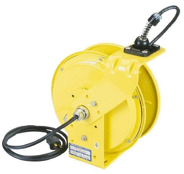 Conductix - 16 AWG, 35' Cable Length, Cord & Cable Reel with Outlet End - 3 Outlets, NEMA 5-15R, 10 Amps, 125 Volts, SOOW-A Cable, Yellow Reel, Spring Driven Reel - A1 Tooling