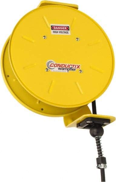 Conductix - 16 AWG, 50' Cable Length, Cord & Cable Reel with Bare End - 3 Outlets, NEMA 5-15R, 10 Amps, 110 Volts, SOOW-A Cable, Yellow Reel, Spring Driven Reel - A1 Tooling