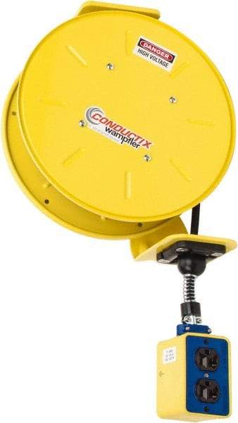 Conductix - 16 AWG, 50' Cable Length, Cord & Cable Reel with Outlet End - 3 Outlets, NEMA 5-15R, 10 Amps, 125 Volts, SOOW-A Cable, Yellow Reel, Spring Driven Reel - A1 Tooling