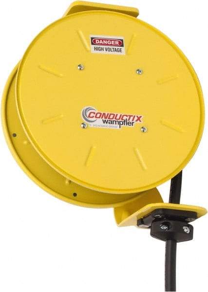 Conductix - 12 AWG, 20' Cable Length, Cord & Cable Reel with Bare End - 3 Outlets, NEMA 5-20R, 20 Amps, SEOW-A Cable, Yellow Reel, Spring Driven Reel - A1 Tooling