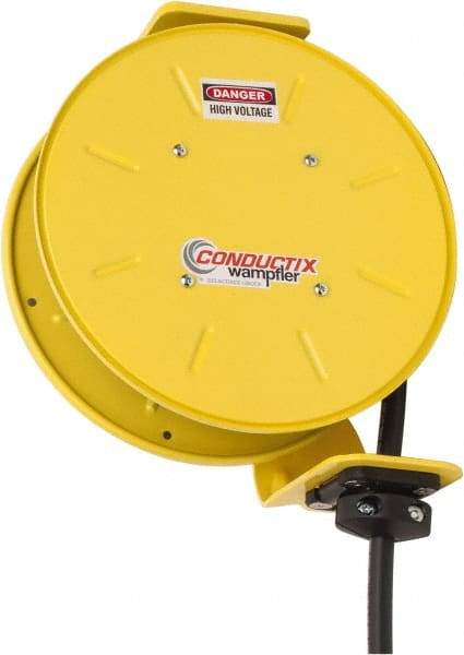 Conductix - 14 AWG, 30' Cable Length, Cord & Cable Reel with Bare End - 3 Outlets, NEMA 5-15R, 15 Amps, SEOW-A Cable, Yellow Reel, Spring Driven Reel - A1 Tooling