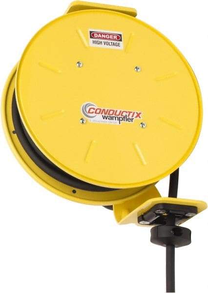 Conductix - 12 AWG, 30' Cable Length, Cord & Cable Reel with Bare End - 3 Outlets, NEMA 5-20R, 20 Amps, SEOW-A Cable, Yellow Reel, Spring Driven Reel - A1 Tooling