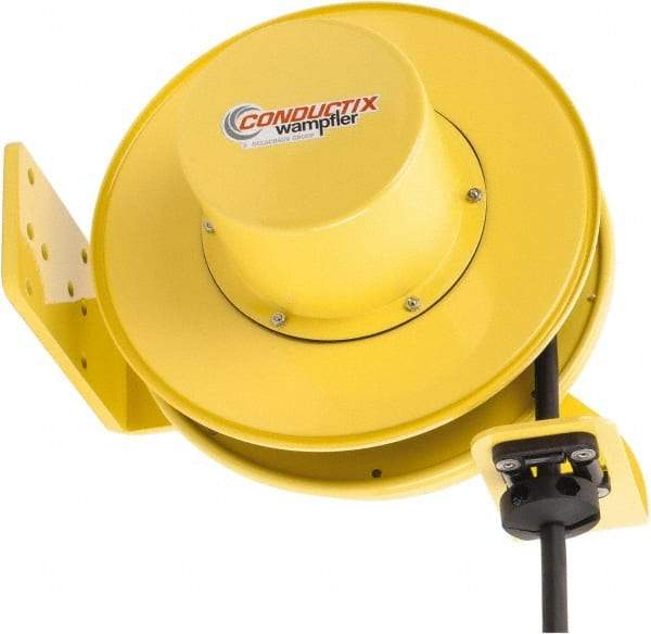 Conductix - 10 AWG, 30' Cable Length, Cord & Cable Reel with Bare End - 3 Outlets, NEMA 5-20R, 25 Amps, SEOW-A Cable, Yellow Reel, Spring Driven Reel - A1 Tooling