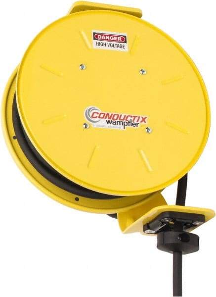 Conductix - 14 AWG, 40' Cable Length, Cord & Cable Reel with Bare End - 3 Outlets, NEMA 5-15R, 15 Amps, SEOW-A Cable, Yellow Reel, Spring Driven Reel - A1 Tooling