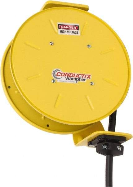 Conductix - 14 AWG, 20' Cable Length, Cord & Cable Reel with Bare End - 4 Outlets, NEMA 5-15R, 12 Amps, SEOW-A Cable, Yellow Reel, Spring Driven Reel - A1 Tooling