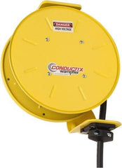 Conductix - 12 AWG, 20' Cable Length, Cord & Cable Reel with Bare End - 4 Outlets, NEMA 5-15R, 16 Amps, SEOW-A Cable, Yellow Reel, Spring Driven Reel - A1 Tooling