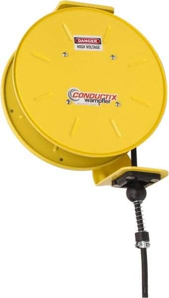 Conductix - 16 AWG, 30' Cable Length, Cord & Cable Reel with Bare End - 4 Outlets, NEMA 5-15R, 8 Amps, SEOW-A Cable, Yellow Reel, Spring Driven Reel - A1 Tooling