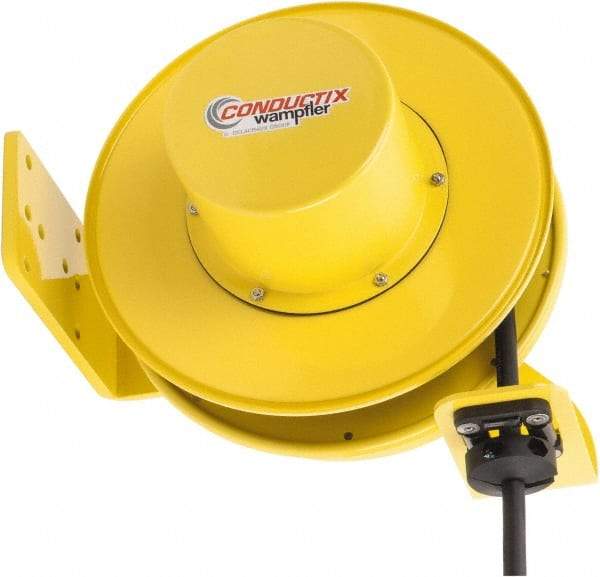 Conductix - 14 AWG, 40' Cable Length, Cord & Cable Reel with Bare End - 4 Outlets, NEMA 5-15R, 12 Amps, SEOW-A Cable, Yellow Reel, Spring Driven Reel - A1 Tooling