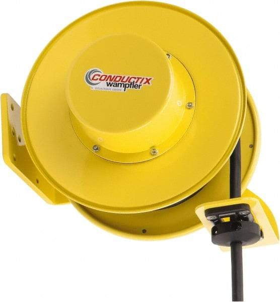 Conductix - 12 AWG, 40' Cable Length, Cord & Cable Reel with Bare End - 4 Outlets, NEMA 5-15R, 16 Amps, SEOW-A Cable, Yellow Reel, Spring Driven Reel - A1 Tooling