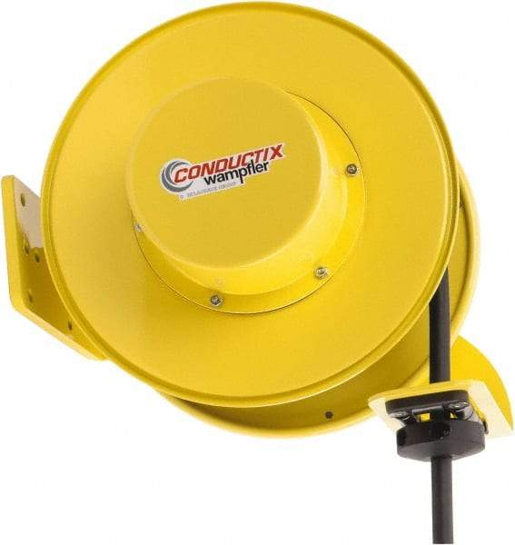 Conductix - 10 AWG, 50' Cable Length, Cord & Cable Reel with Bare End - 4 Outlets, NEMA 5-20R, 20 Amps, SEOW-A Cable, Yellow Reel, Spring Driven Reel - A1 Tooling