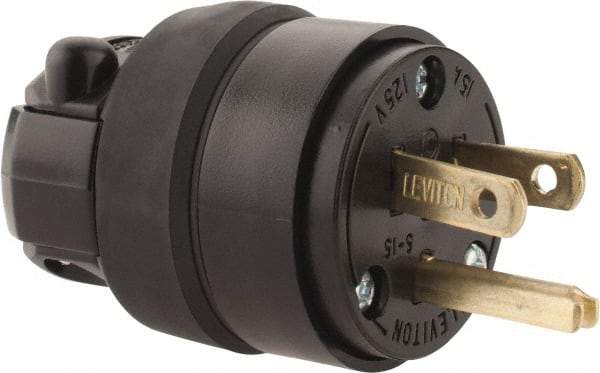 Leviton - 125 VAC, 15 Amp, 5-15P NEMA, Straight, Self Grounding, Residential Grade Plug - 2 Pole, 3 Wire, 1 Phase, Rubber, Black - A1 Tooling