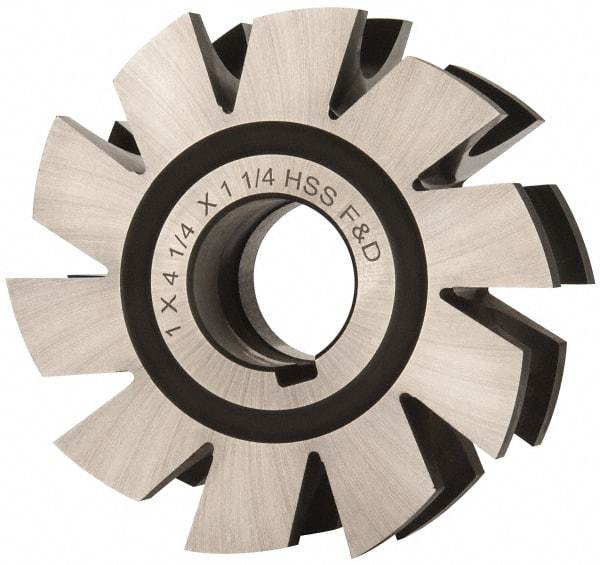 Made in USA - 1/2" Radius, 1" Circle Diam, 4-1/4" Diam x 1.572" Wide Cut, High Speed Steel Concave Radius Cutter - 4-1/4" OAL, Arbor Connection, Uncoated, Form Relieved, 10 Teeth - A1 Tooling