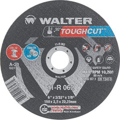 WALTER Surface Technologies - 6" 30 Grit Aluminum Oxide Cutoff Wheel - 3/32" Thick, 7/8" Arbor, 10,200 Max RPM, Use with Angle Grinders - A1 Tooling