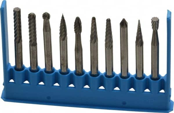 Made in USA - 10 Piece, 1/8" Shank Burr Set - Tungsten Carbide - A1 Tooling