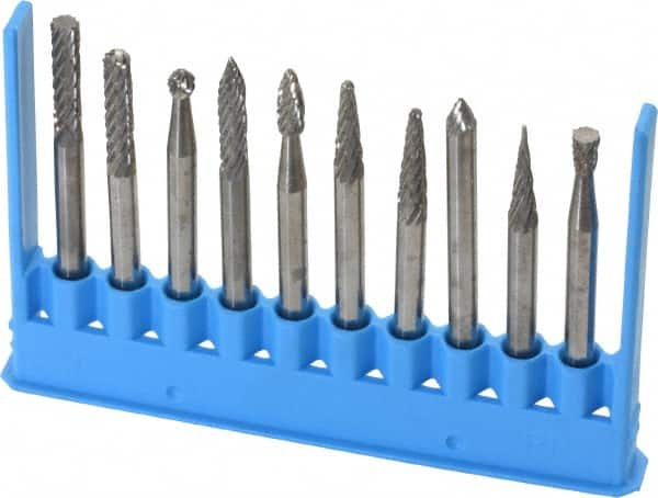 Made in USA - 10 Piece, 1/8" Shank Burr Set - Tungsten Carbide - A1 Tooling