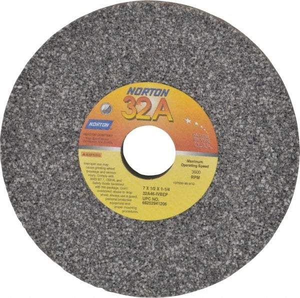 Norton - 7" Diam x 1-1/4" Hole x 1/2" Thick, I Hardness, 46 Grit Surface Grinding Wheel - Aluminum Oxide, Type 1, Coarse Grade, 3,600 Max RPM, Vitrified Bond, No Recess - A1 Tooling