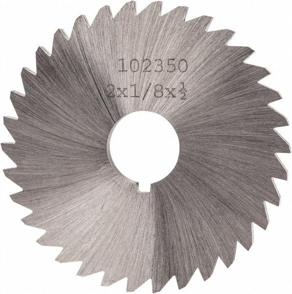 Made in USA - 2" Diam x 1/8" Blade Thickness x 1/2" Arbor Hole Diam, 34 Tooth Slitting and Slotting Saw - Arbor Connection, Right Hand, Uncoated, High Speed Steel, Concave Ground, Contains Keyway - A1 Tooling