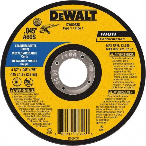 DeWALT - 4-1/2" 60 Grit Aluminum Oxide Cutoff Wheel - 0.045" Thick, 7/8" Arbor, 13,300 Max RPM, Use with Angle Grinders - A1 Tooling