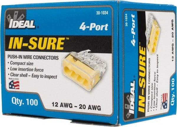 Ideal - 4 Port, 18 to 12 AWG Compatible, Push-In Wire Connector - 0.78" OAL x 0.82" OAW x 0.38" OAH, Yellow - A1 Tooling