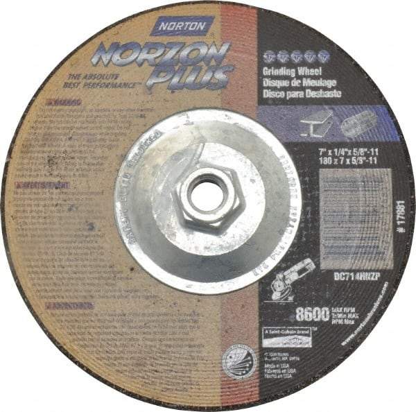 Norton - 24 Grit, 7" Wheel Diam, 1/4" Wheel Thickness, Type 27 Depressed Center Wheel - Ceramic, 8,600 Max RPM, Compatible with Angle Grinder - A1 Tooling