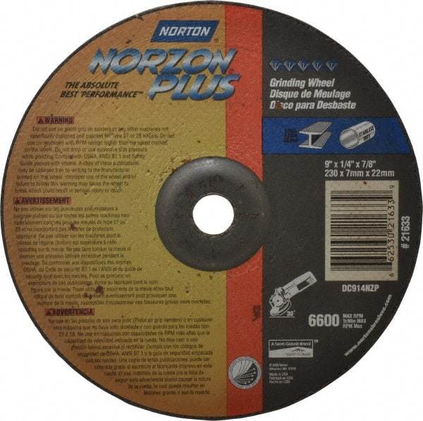 Norton - 24 Grit, 9" Wheel Diam, 1/4" Wheel Thickness, 7/8" Arbor Hole, Type 27 Depressed Center Wheel - Ceramic, 6,600 Max RPM, Compatible with Angle Grinder - A1 Tooling