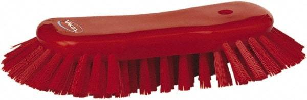 Vikan - 1.3" Bristle Length, Polyester Utility Scrub Brush - 7-3/4" Long x 3" Wide Head, 8" OAL, European Threaded Handle, Red, Polypropylene Block - A1 Tooling