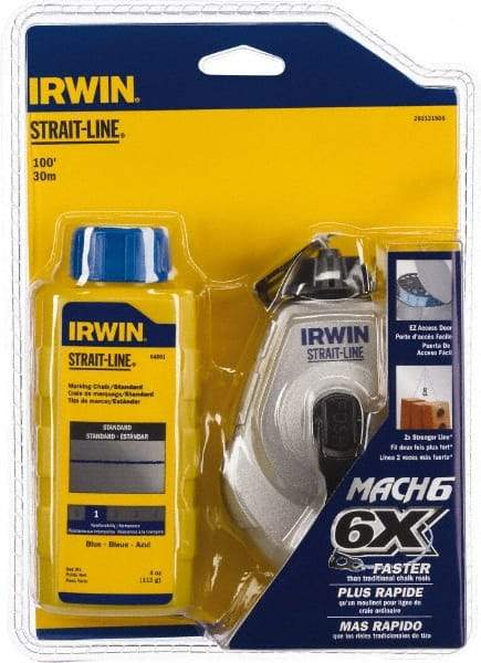 Irwin - 100' Long Reel & Chalk Set - Blue, Includes (1) 4 oz Standard Blue Chalk (6:1) & (1) MACH6 Chalk Reel - A1 Tooling