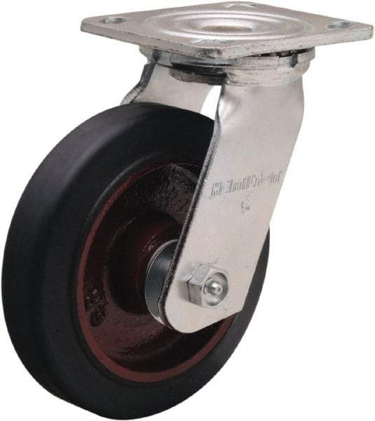 Hamilton - 6" Diam x 1-1/2" Wide x 7-1/2" OAH Top Plate Mount Swivel Caster - Rubber Mold on Cast Iron, 280 Lb Capacity, Straight Roller Bearing, 4 x 4-1/2" Plate - A1 Tooling