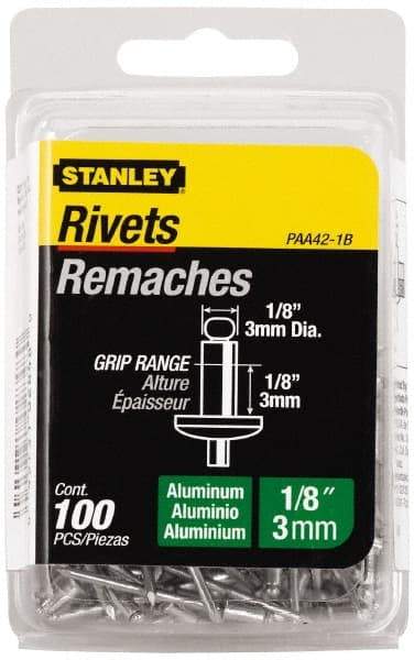 Stanley - Button Head Aluminum Color Coded Blind Rivet - Aluminum Mandrel, 0.062" to 1/8" Grip, 1/4" Head Diam, 0.125" to 0.133" Hole Diam, 0.275" Length Under Head, 1/8" Body Diam - A1 Tooling