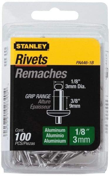 Stanley - Aluminum Color Coded Blind Rivet - Aluminum Mandrel, 0.313" to 3/8" Grip, 1/4" Head Diam, 0.125" to 0.133" Hole Diam, 0.525" Length Under Head, 1/8" Body Diam - A1 Tooling