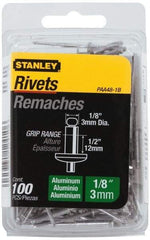 Stanley - Aluminum Color Coded Blind Rivet - Aluminum Mandrel, 3/8" to 1/2" Grip, 1/4" Head Diam, 0.125" to 0.133" Hole Diam, 0.65" Length Under Head, 1/8" Body Diam - A1 Tooling