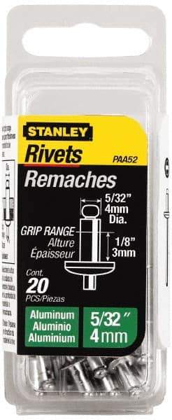 Stanley - Aluminum Color Coded Blind Rivet - Aluminum Mandrel, 0.031" to 1/8" Grip, 5/16" Head Diam, 0.156" to 0.164" Hole Diam, 0.3" Length Under Head, 5/32" Body Diam - A1 Tooling