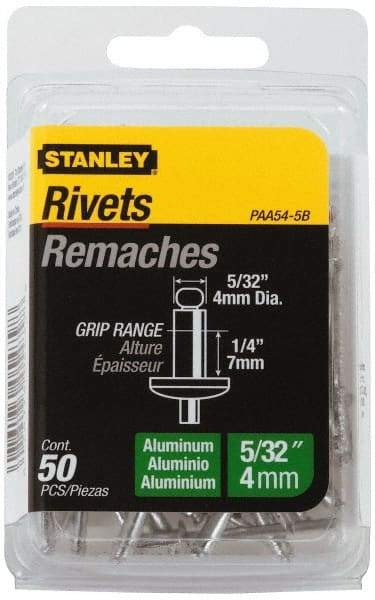 Stanley - Aluminum Color Coded Blind Rivet - Aluminum Mandrel, 0.188" to 1/4" Grip, 5/16" Head Diam, 0.156" to 0.164" Hole Diam, 0.425" Length Under Head, 5/32" Body Diam - A1 Tooling