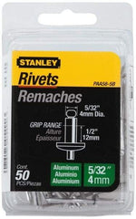 Stanley - Aluminum Color Coded Blind Rivet - Aluminum Mandrel, 3/8" to 1/2" Grip, 5/16" Head Diam, 0.156" to 0.164" Hole Diam, 0.675" Length Under Head, 5/32" Body Diam - A1 Tooling