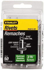 Stanley - Aluminum Color Coded Blind Rivet - Aluminum Mandrel, 1/2" to 5/8" Grip, 3/8" Head Diam, 0.188" to 0.196" Hole Diam, 0.825" Length Under Head, 3/16" Body Diam - A1 Tooling