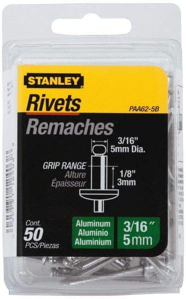 Stanley - Aluminum Color Coded Blind Rivet - Aluminum Mandrel, 0.032" to 1/8" Grip, 3/8" Head Diam, 0.188" to 0.196" Hole Diam, 0.325" Length Under Head, 3/16" Body Diam - A1 Tooling