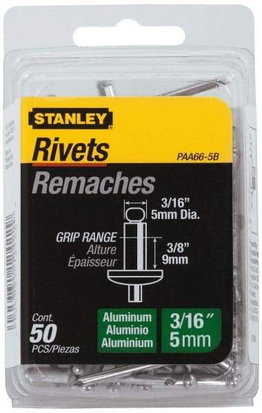 Stanley - Aluminum Color Coded Blind Rivet - Aluminum Mandrel, 0.313" to 3/8" Grip, 3/8" Head Diam, 0.188" to 0.196" Hole Diam, 0.575" Length Under Head, 3/16" Body Diam - A1 Tooling