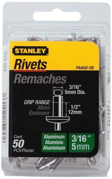 Stanley - Aluminum Color Coded Blind Rivet - Aluminum Mandrel, 3/8" to 1/2" Grip, 3/8" Head Diam, 0.188" to 0.196" Hole Diam, 0.7" Length Under Head, 3/16" Body Diam - A1 Tooling