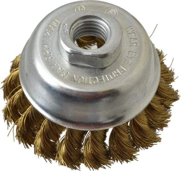 Value Collection - 2-3/4" Diam, 5/8-11 Threaded Arbor, Brass Fill Cup Brush - 0.014 Wire Diam, 3/4" Trim Length, 12,500 Max RPM - A1 Tooling