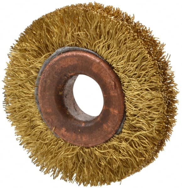 Value Collection - 1-1/2" OD, 3/8" Arbor Hole, Crimped Brass Wheel Brush - 5/16" Face Width, 3/8" Trim Length, 0.008" Filament Diam, 20,000 RPM - A1 Tooling