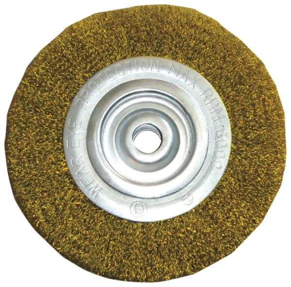 Value Collection - 4" OD, 5/8" Arbor Hole, Crimped Brass Wheel Brush - 1/2" Face Width, 5/8" Trim Length, 0.012" Filament Diam, 6,000 RPM - A1 Tooling